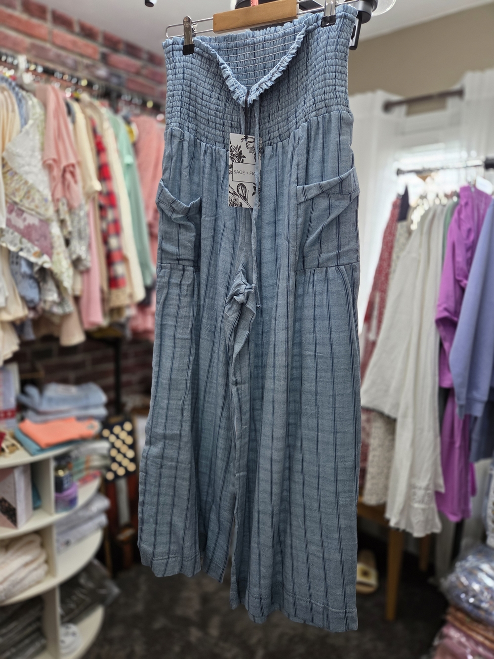 Smocked Wide-Leg Blue Stripe Pants